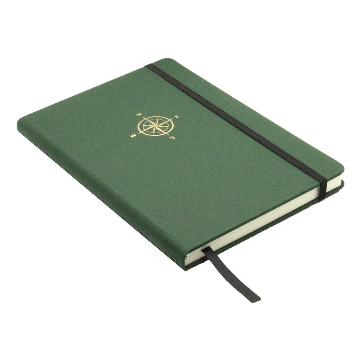 Green Compass Embossed A5 Lined Notebook - Leonard Silver - front cover with elastic closure