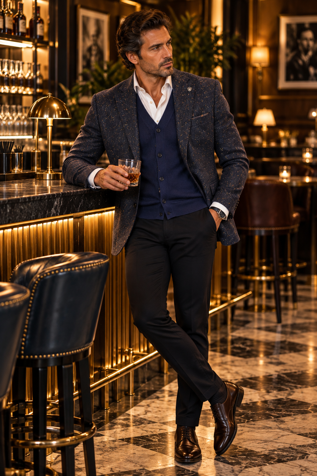 A man in a dark gray tweed blazer, navy vest, white shirt, and black trousers leans against a bar counter in a luxurious bar setting, holding a glass of whiskey.