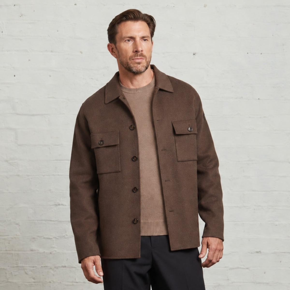 Oliver wool overshirt in Chocolate, worn over a crew-neck jumper