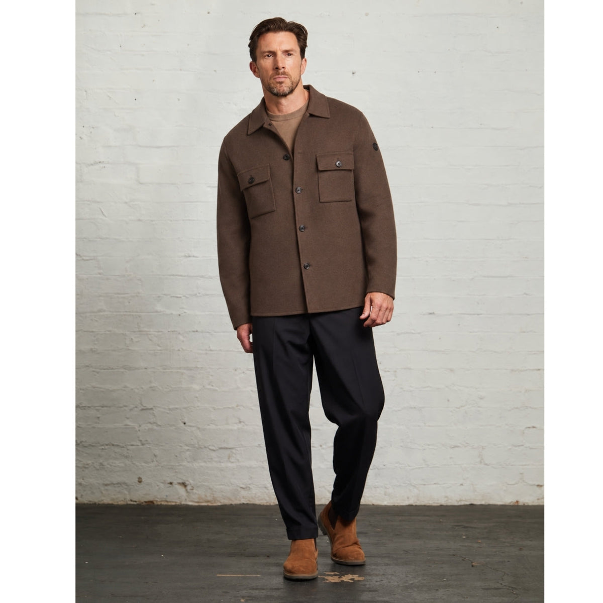 Oliver overshirt in Chocolate, full-length view with navy trousers