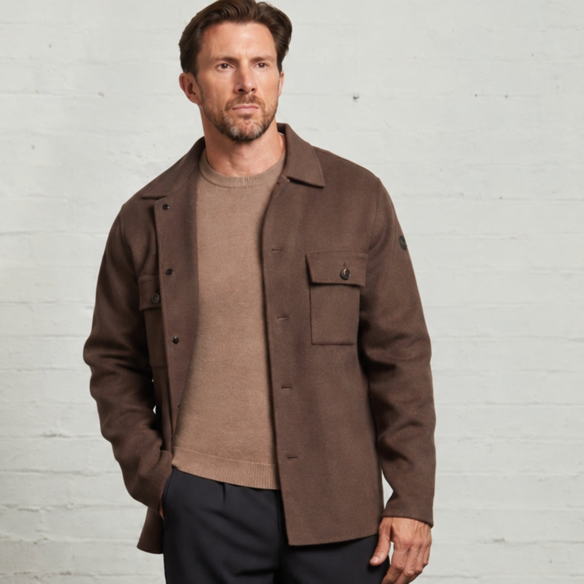 Chocolate Oliver overshirt worn open, three-quarter view