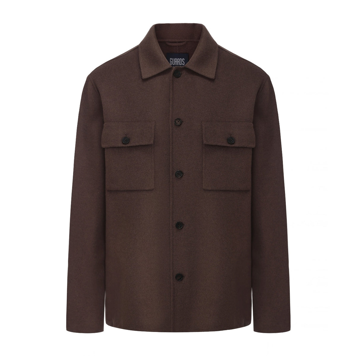 Oliver blind-seam overshirt in Chocolate, front flat view with flap chest pockets