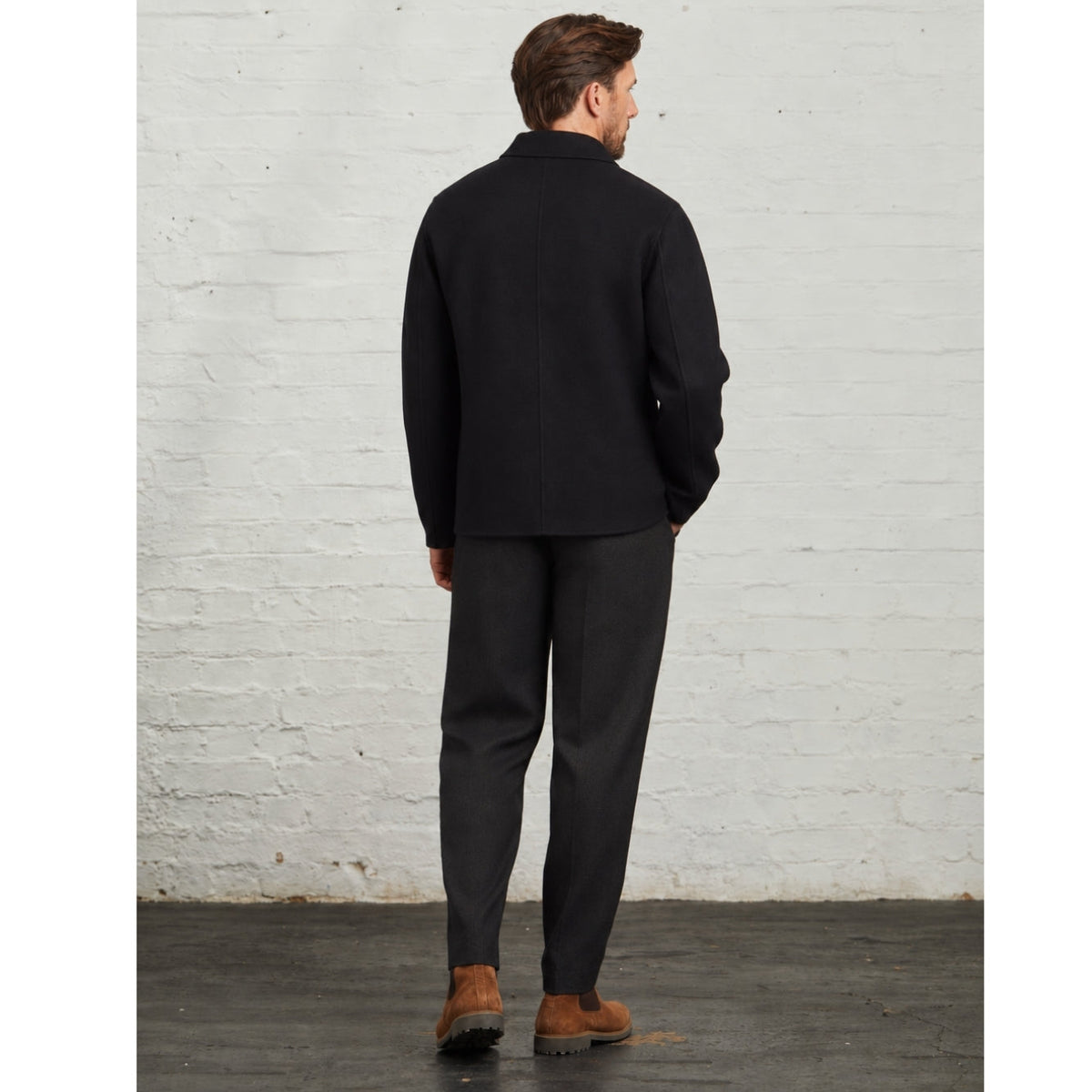 Back view of the Navy Oliver overshirt on a model