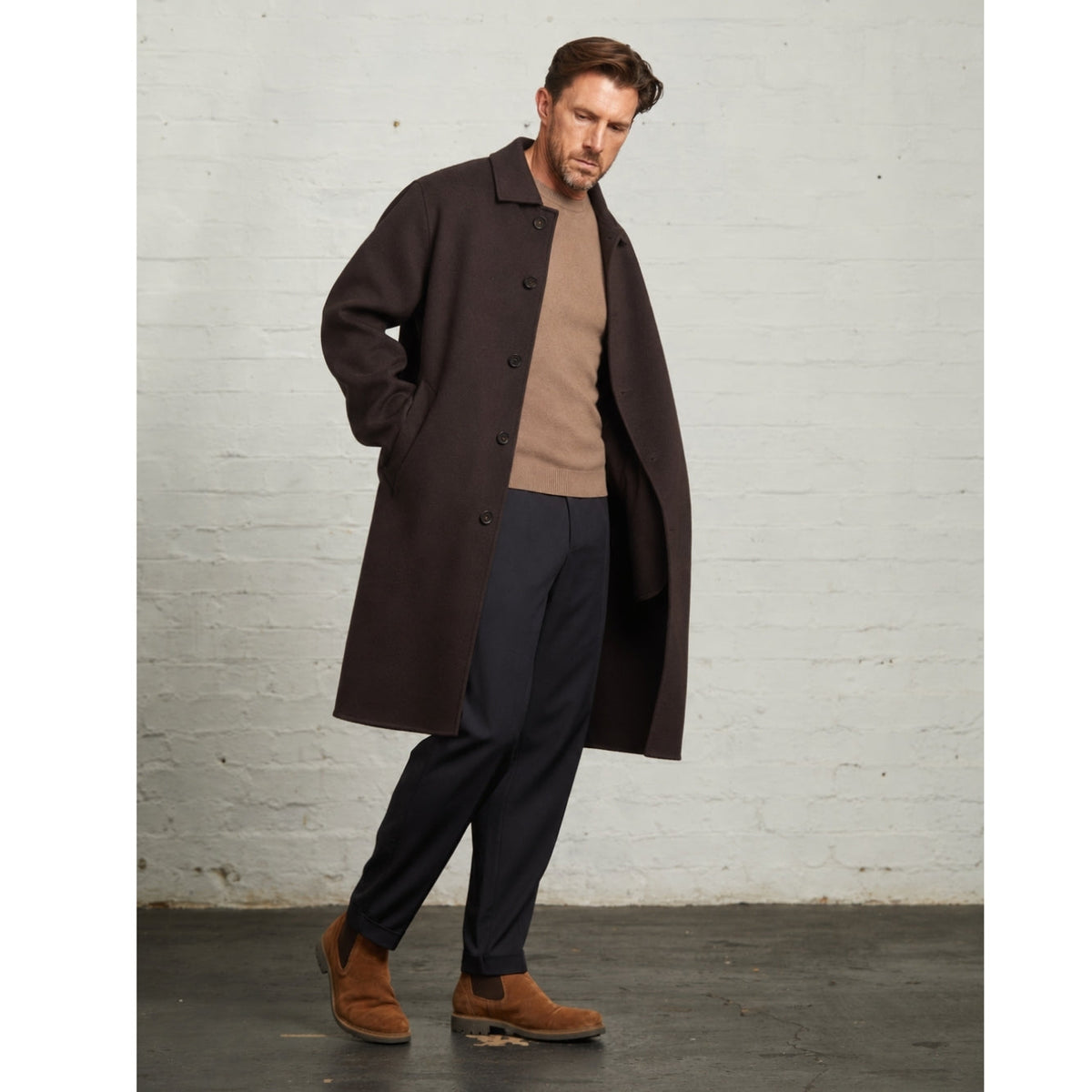 Oscar overcoat in Chocolate, full-length view with navy trousers