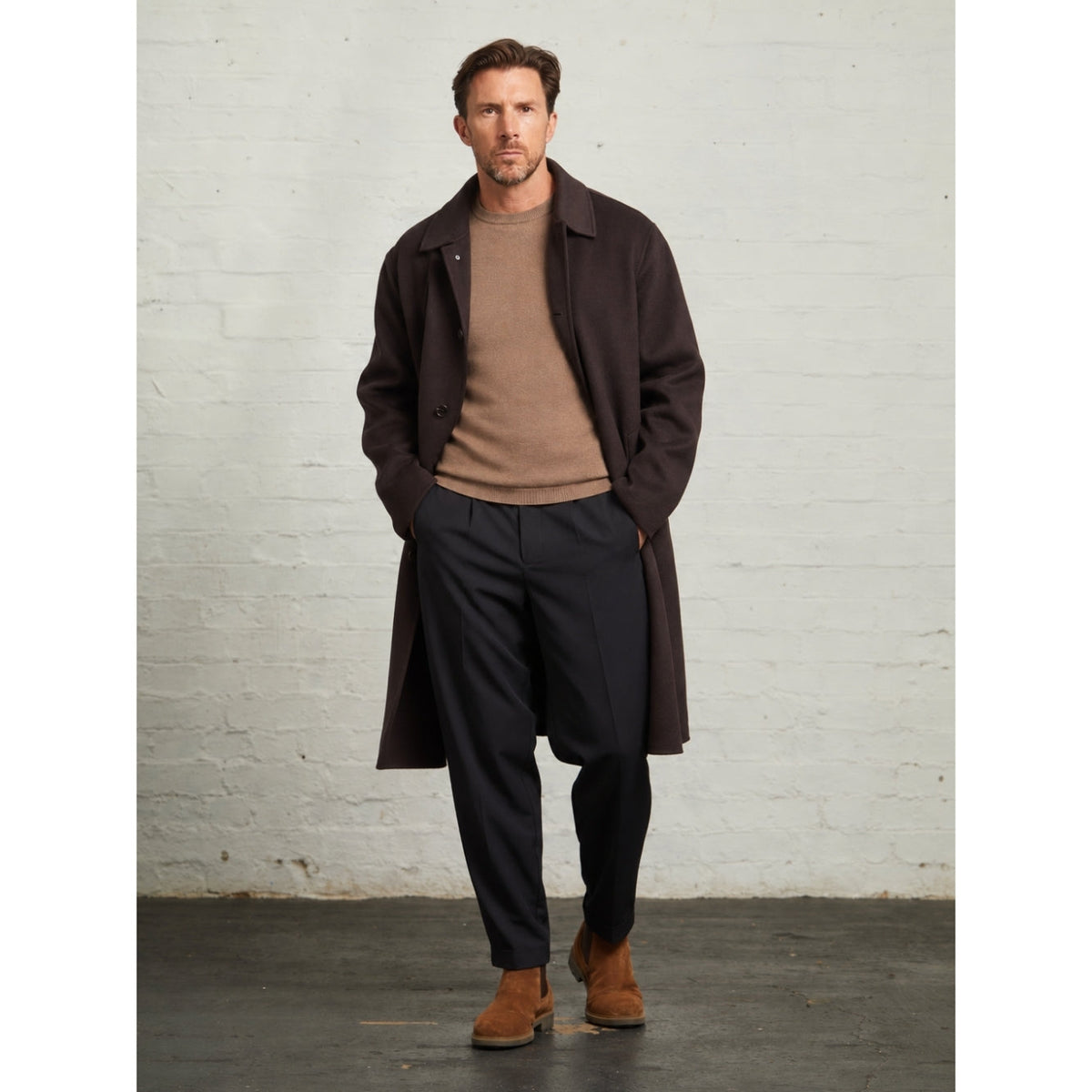 Oscar blind-seam overcoat in Chocolate, walking view on a model