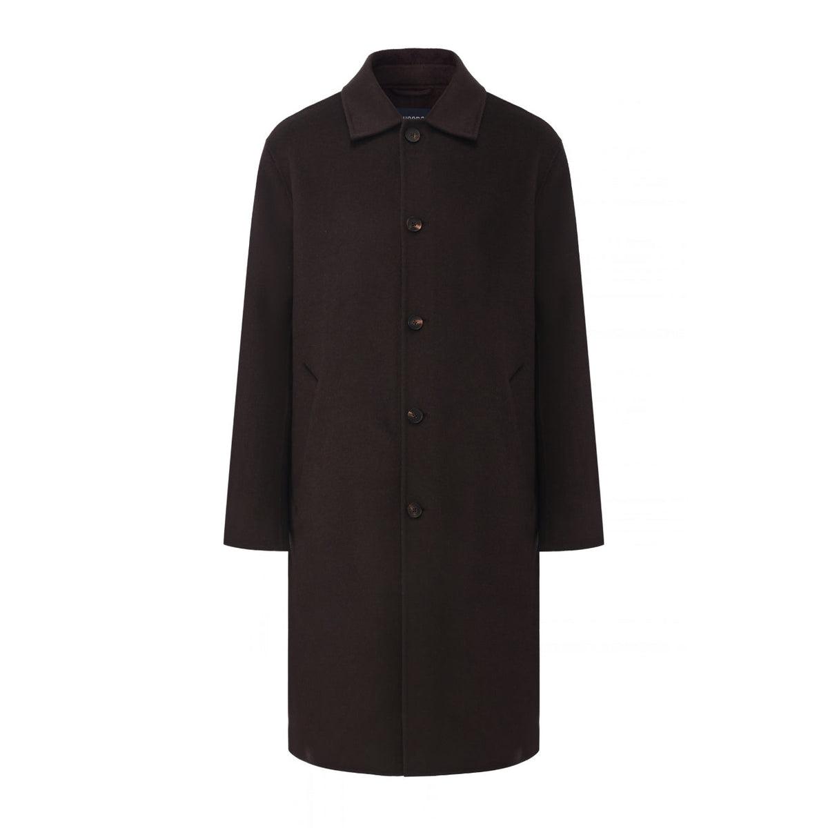 Oscar wool overcoat in Chocolate, front flat view