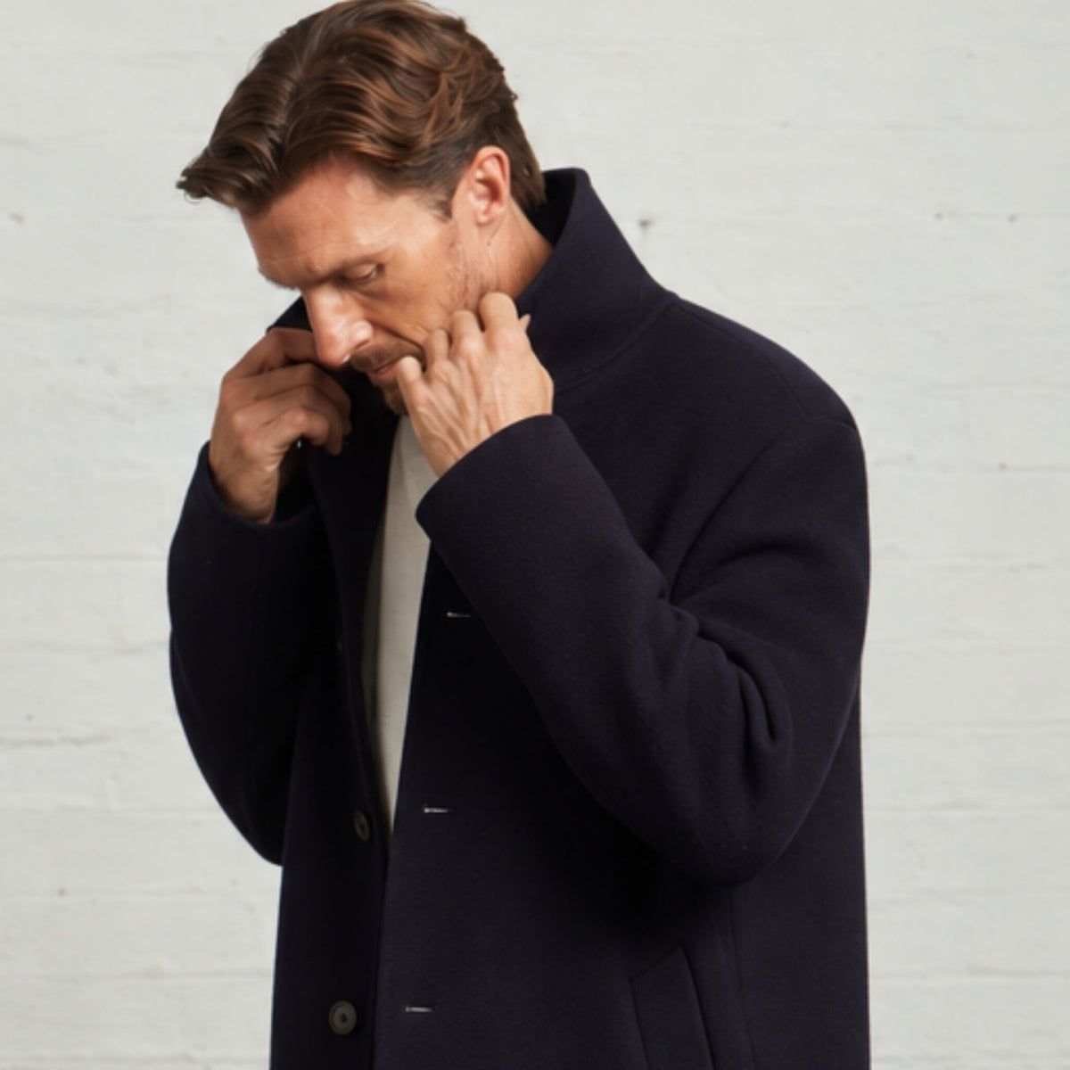 Close-up of the Navy Oscar overcoat with the collar turned up