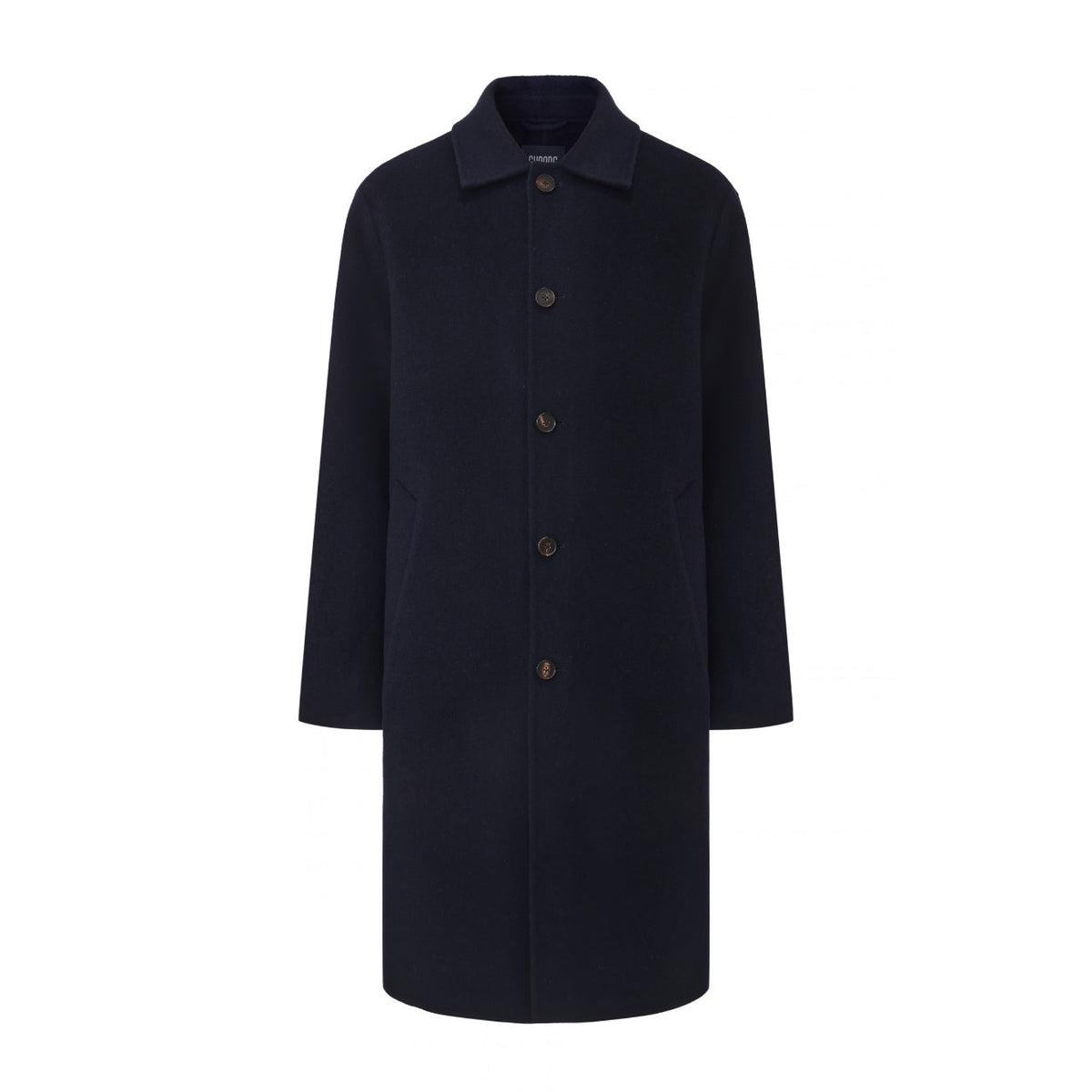 Oscar wool overcoat in Navy, front flat view with button front