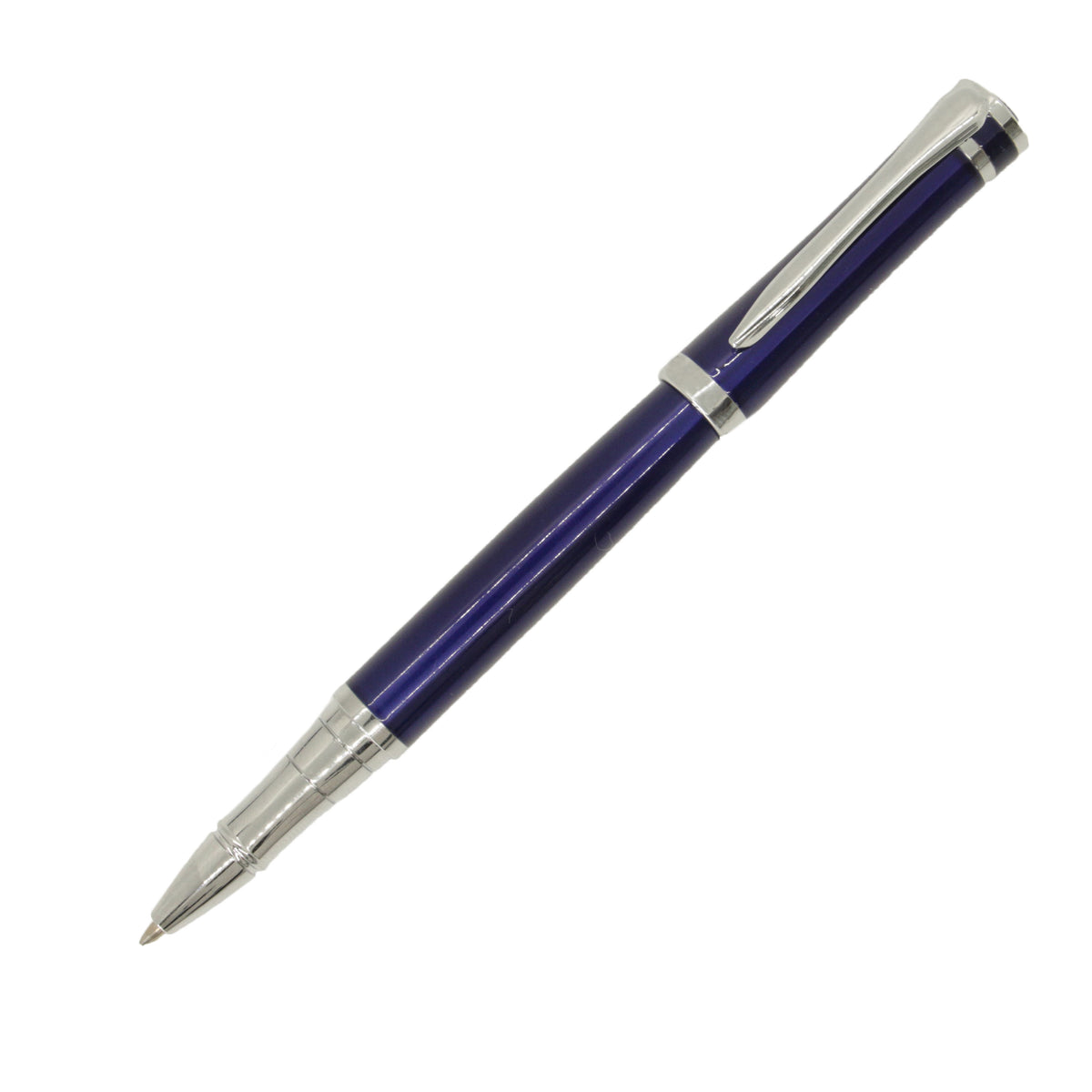 Blue Lacquer Rollerball Pen With Chrome Trim - Leonard Silver - full view with cap posted
