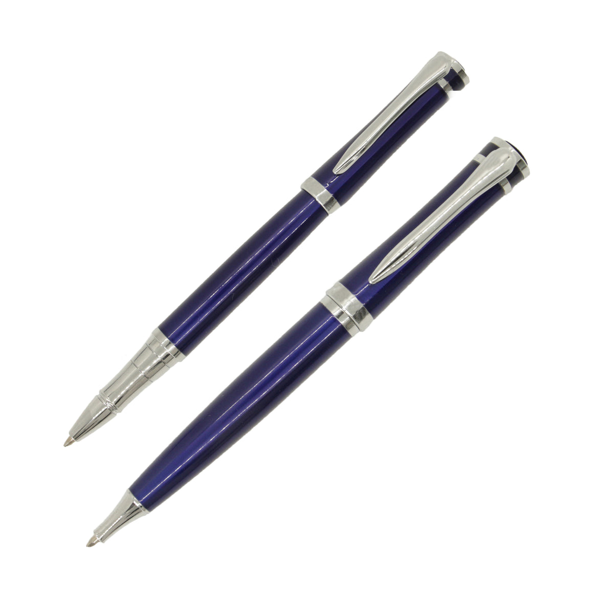 Blue Roller Ball & Ballpoint Pen Set - Leonard Silver - both pens, tips shown