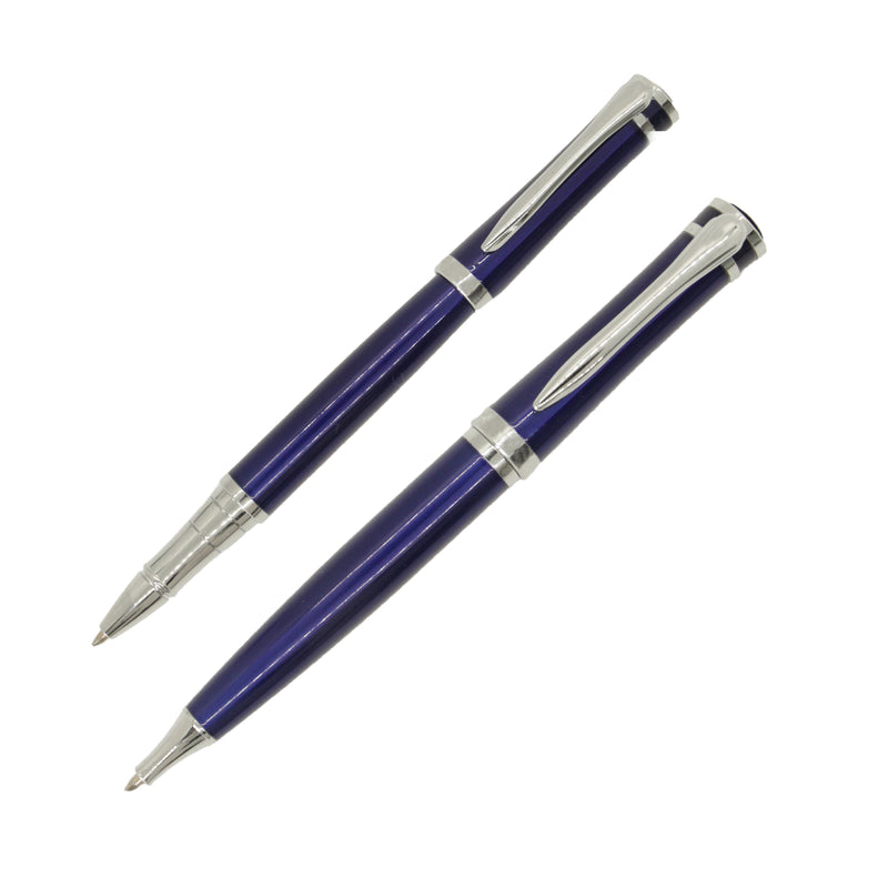 Blue Roller Ball & Ballpoint Pen Set - Leonard Silver - both pens, tips shown