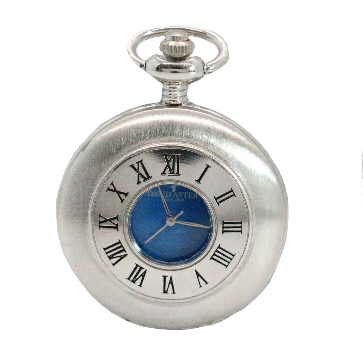 Blue Dial Chrome Half Hunter Quartz Pocket Watch - Leonard Silver - cover closed with Roman numeral aperture