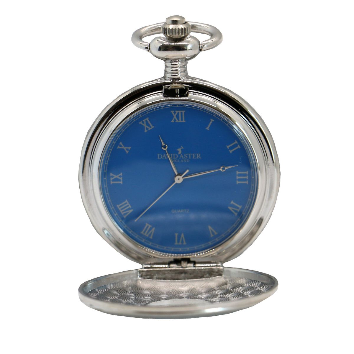 Blue Dial Chrome Half Hunter Quartz Pocket Watch - Leonard Silver - cover open showing blue dial