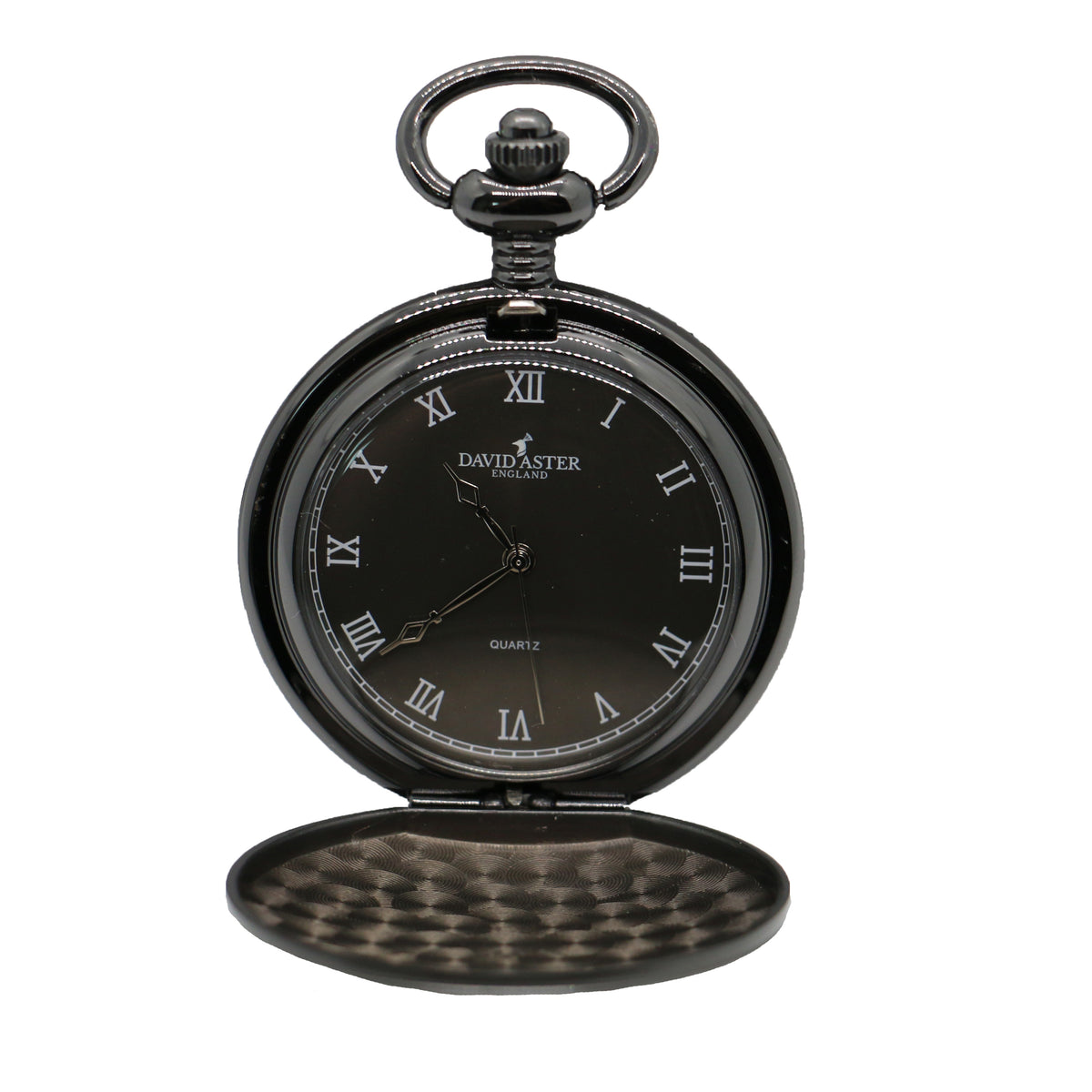 Gun Metal Full Hunter Quartz Pocket Watch - Leonard Silver - cover open showing Roman numeral dial