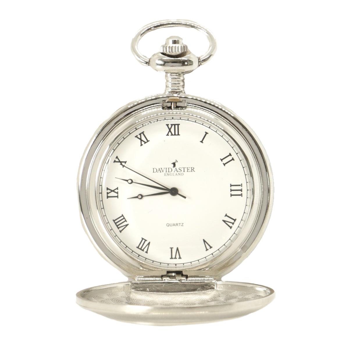 Chrome Plated Half Hunter Quartz Pocket Watch - Leonard Silver - cover open showing white dial