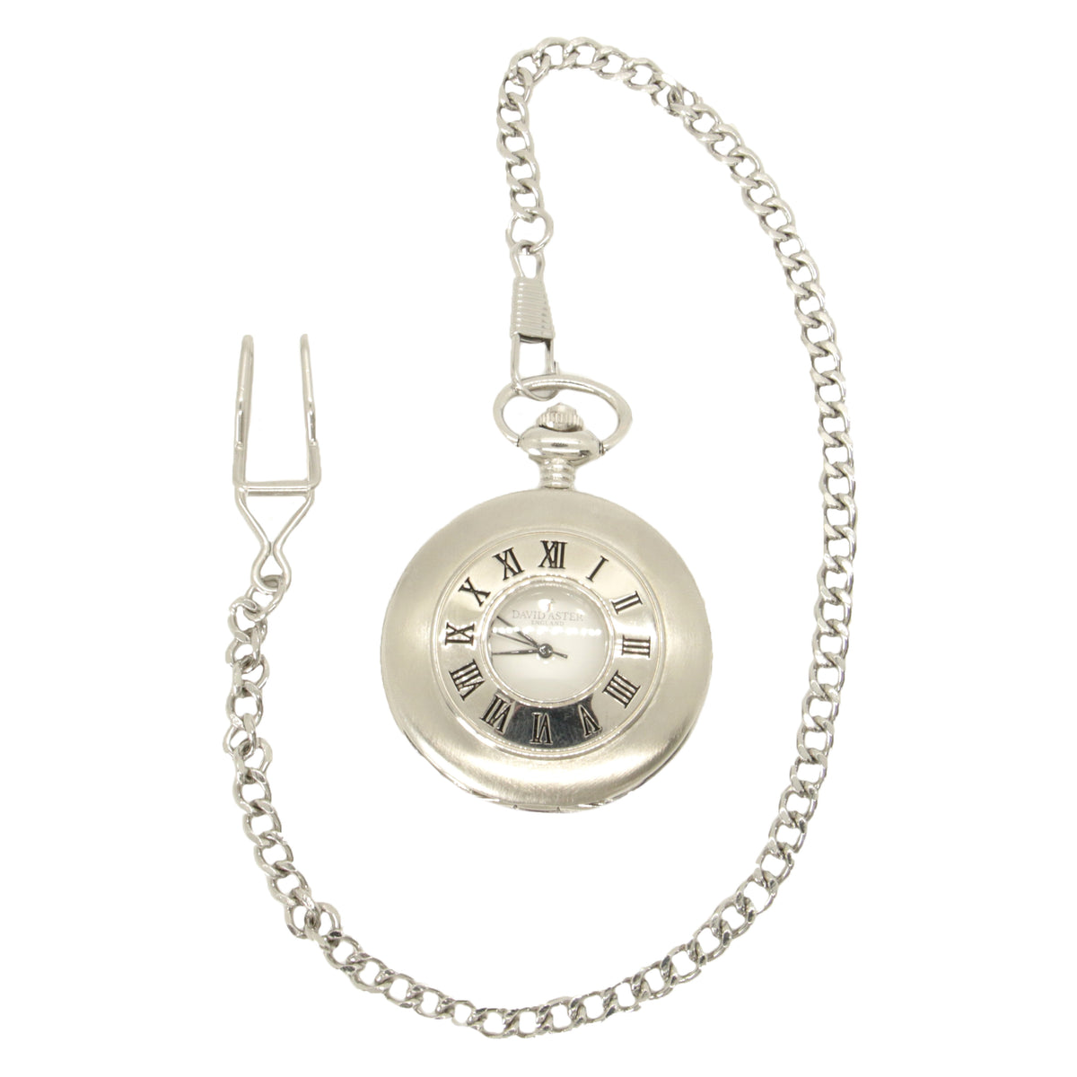 Chrome Plated Half Hunter Quartz Pocket Watch - Leonard Silver - with matching chain and T-bar