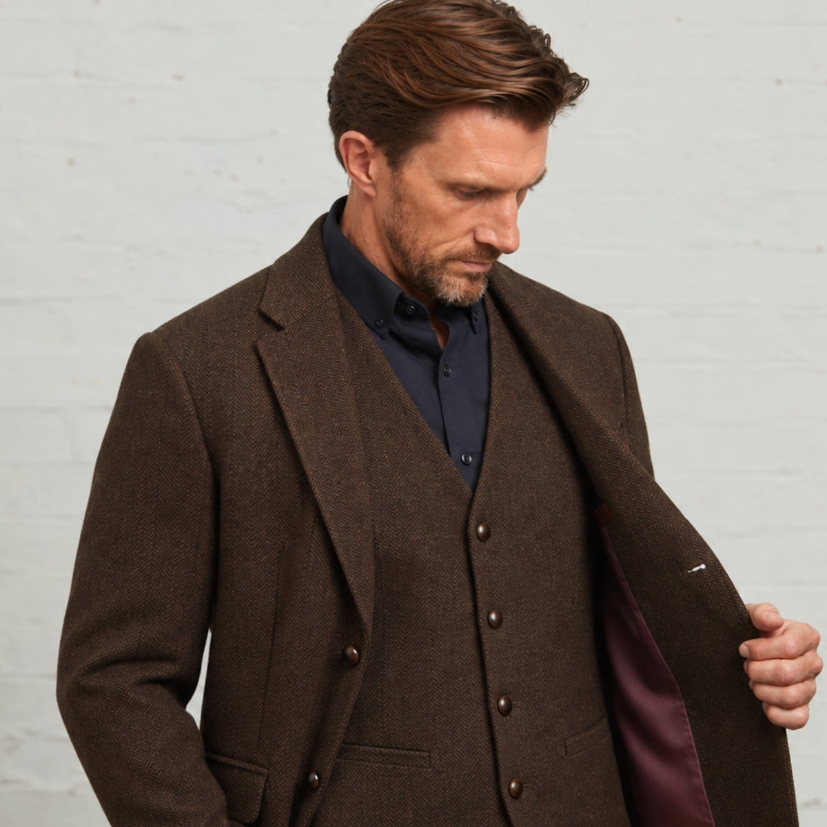 Brown Robert waistcoat worn under the matching Lawrence blazer
