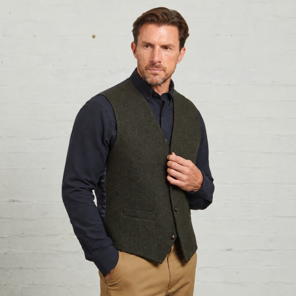 Green Robert wool waistcoat, three-quarter view on a model