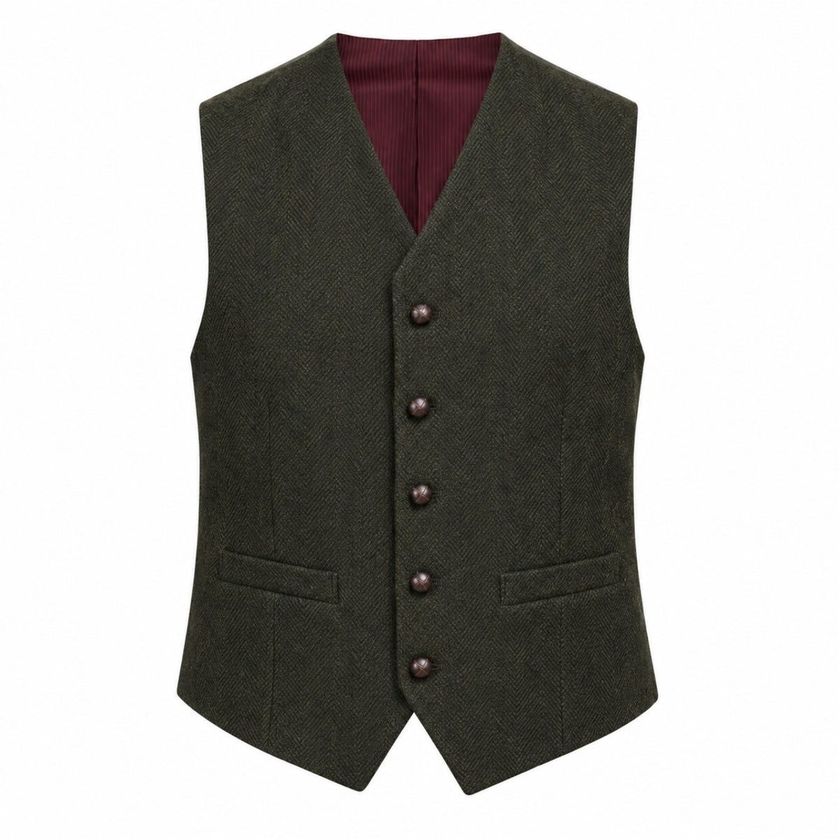Robert tweed waistcoat in Green, front flat view with five leather buttons