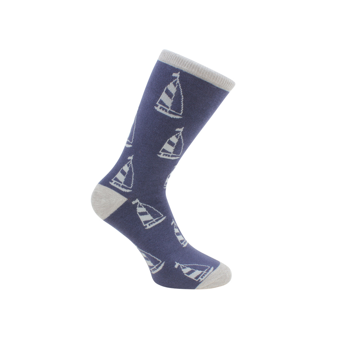 Blue and Grey Yacht Combed Cotton Socks - Leonard Silver - navy sock with grey yachts