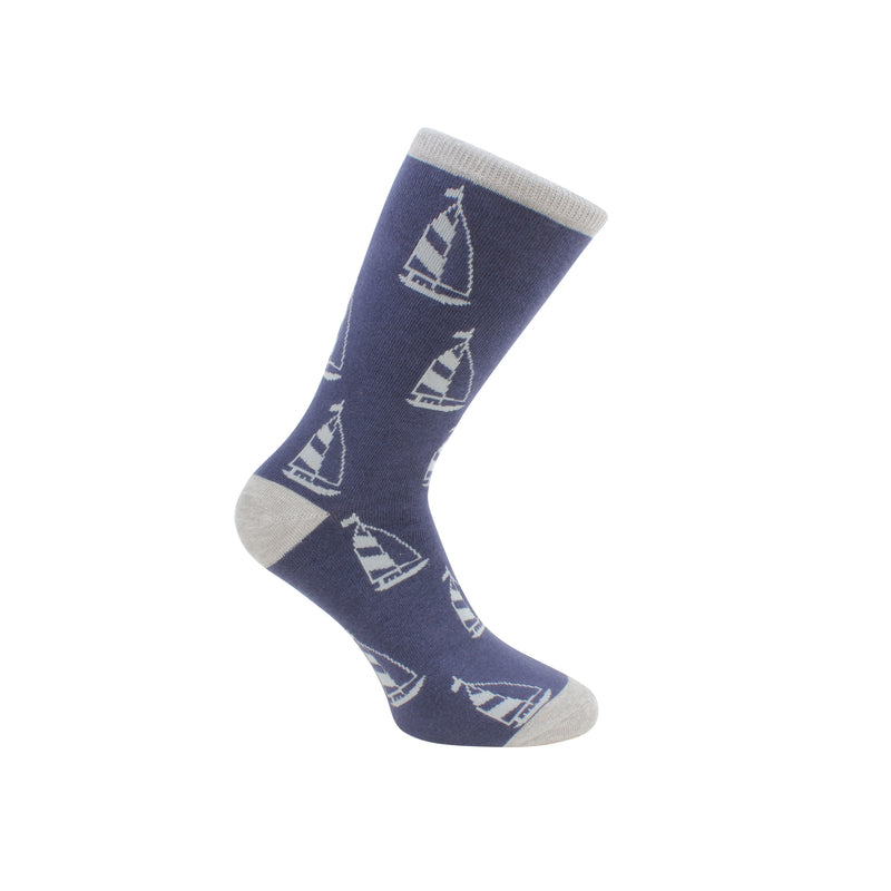 Blue and Grey Yacht Combed Cotton Socks - Leonard Silver - navy sock with grey yachts