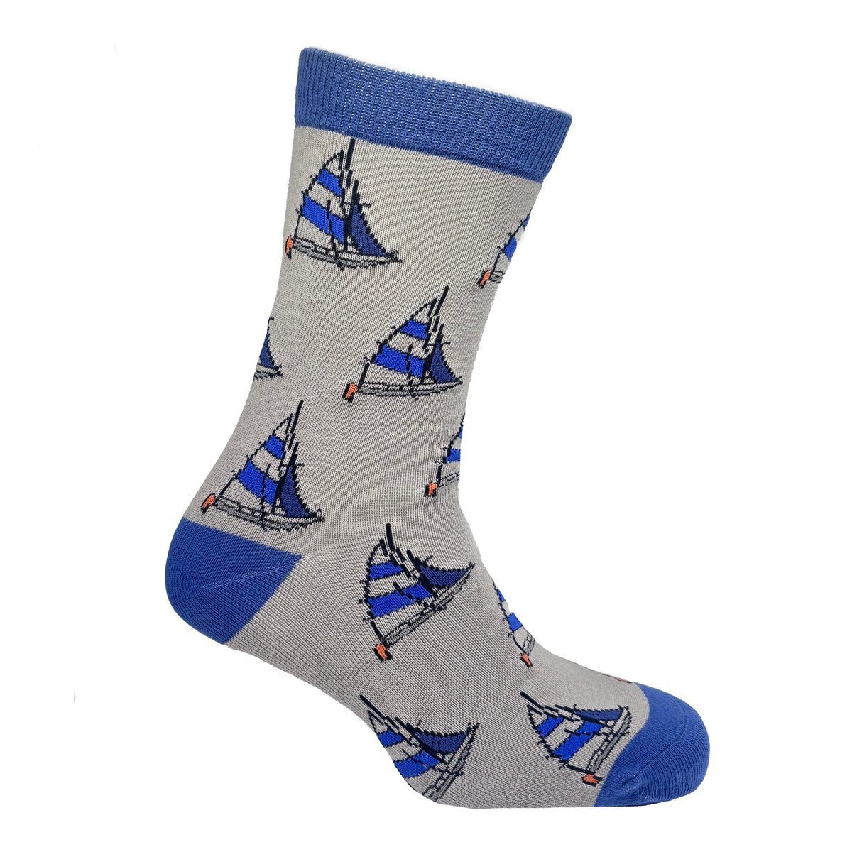 Blue and Grey Yacht Combed Cotton Socks - Leonard Silver - grey sock with blue sails