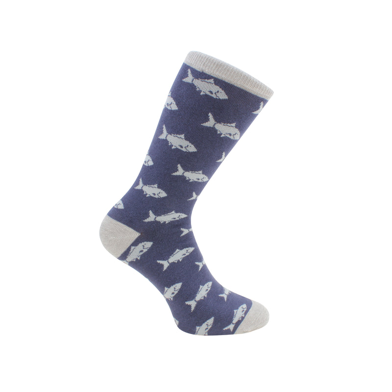Blue And Green Fish Socks In Combed Cotton - Leonard Silver - fish motif detail