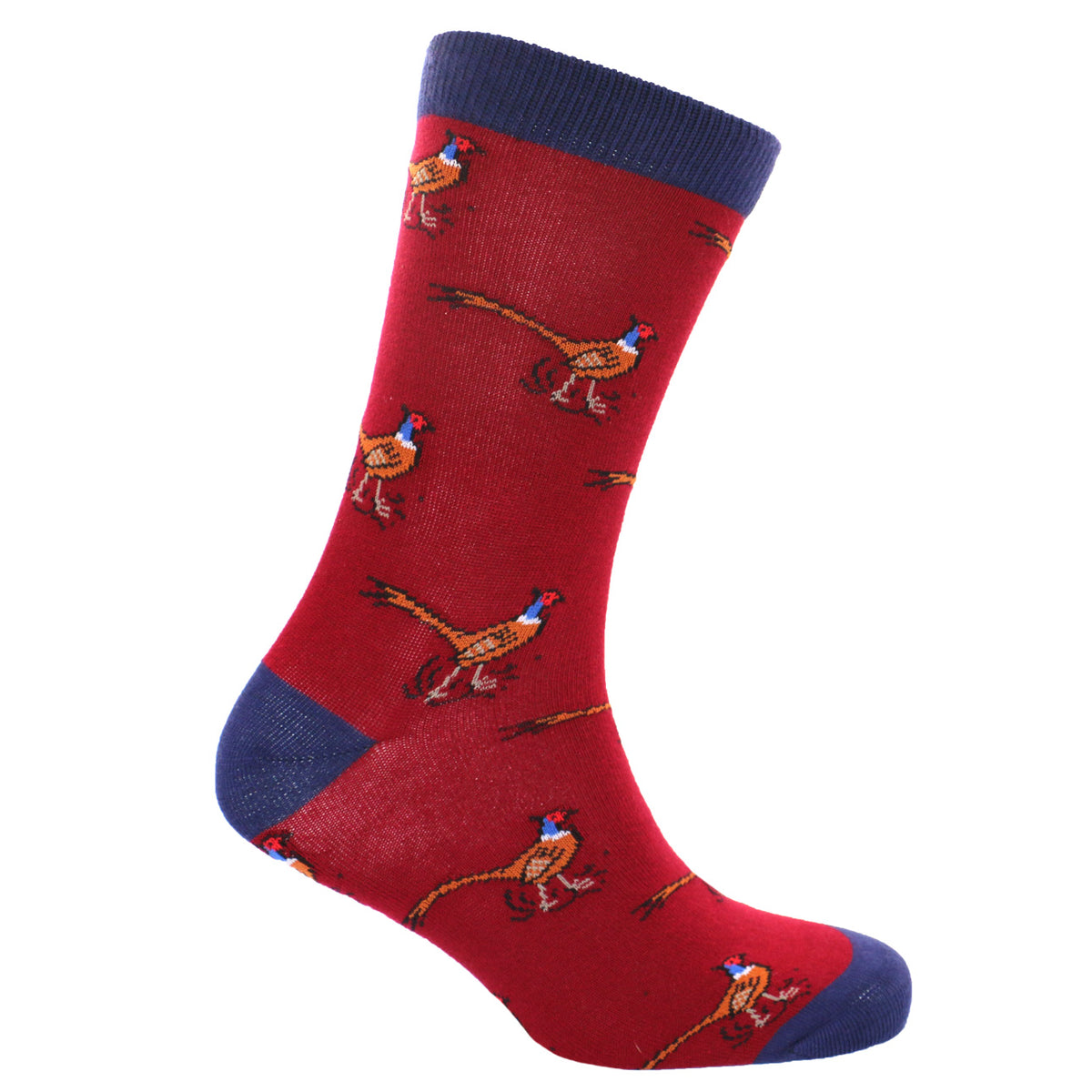 Red and Blue Pheasant Combed Cotton Socks - Leonard Silver - side view