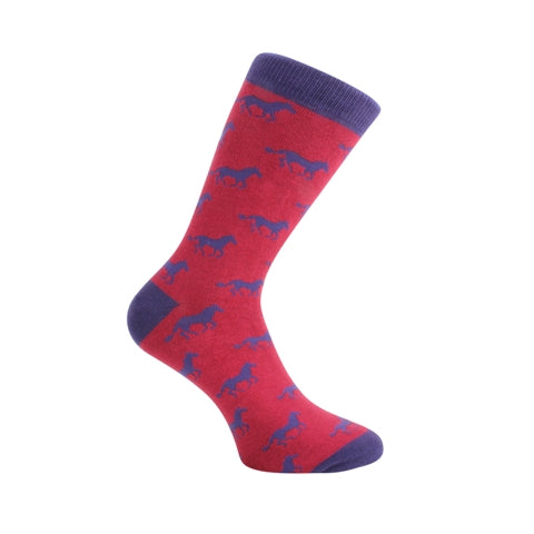 Red and Blue Horse Combed Cotton Socks - Leonard Silver - full sock