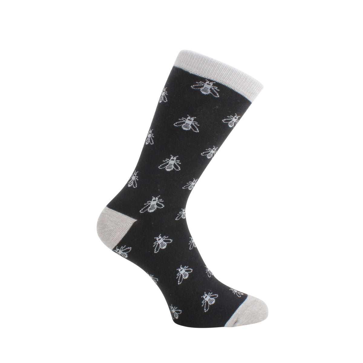 Blue and Yellow Bee Socks in Combed Cotton - Leonard Silver - black and grey colourway, side view