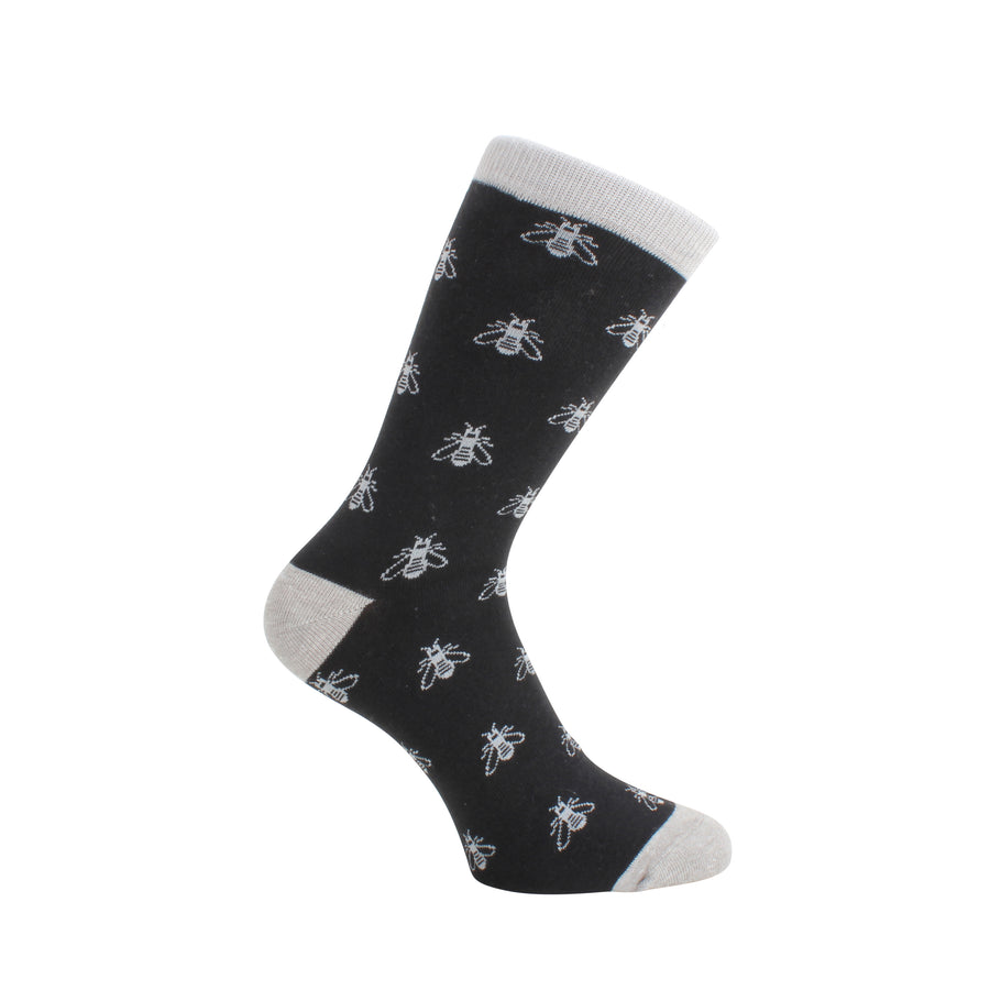 Blue and Yellow Bee Socks in Combed Cotton - Leonard Silver - black and grey colourway, side view