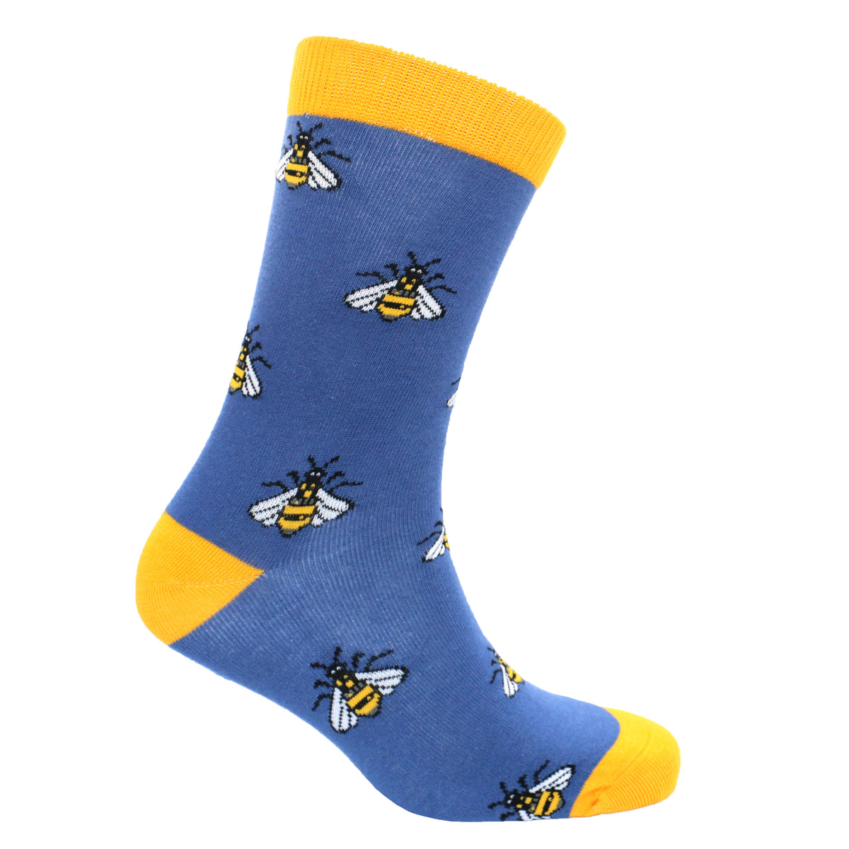Blue and Yellow Bee Socks in Combed Cotton - Leonard Silver - blue sock with yellow cuff, heel and toe