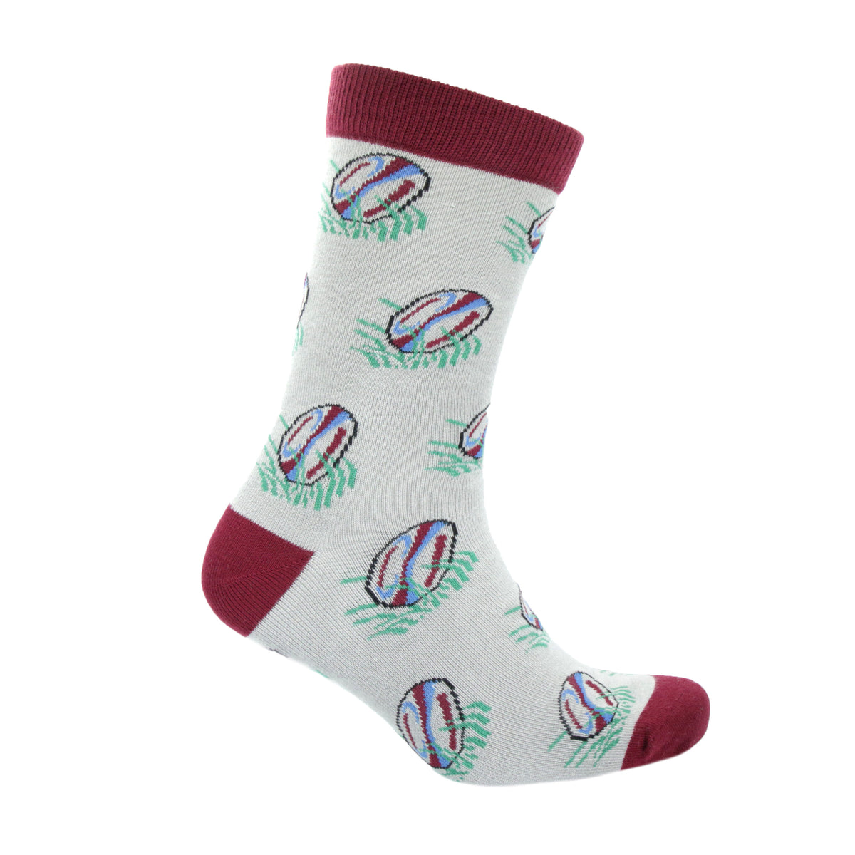 Burgundy and Grey Rugby Ball Combed Cotton Socks - Leonard Silver - side view