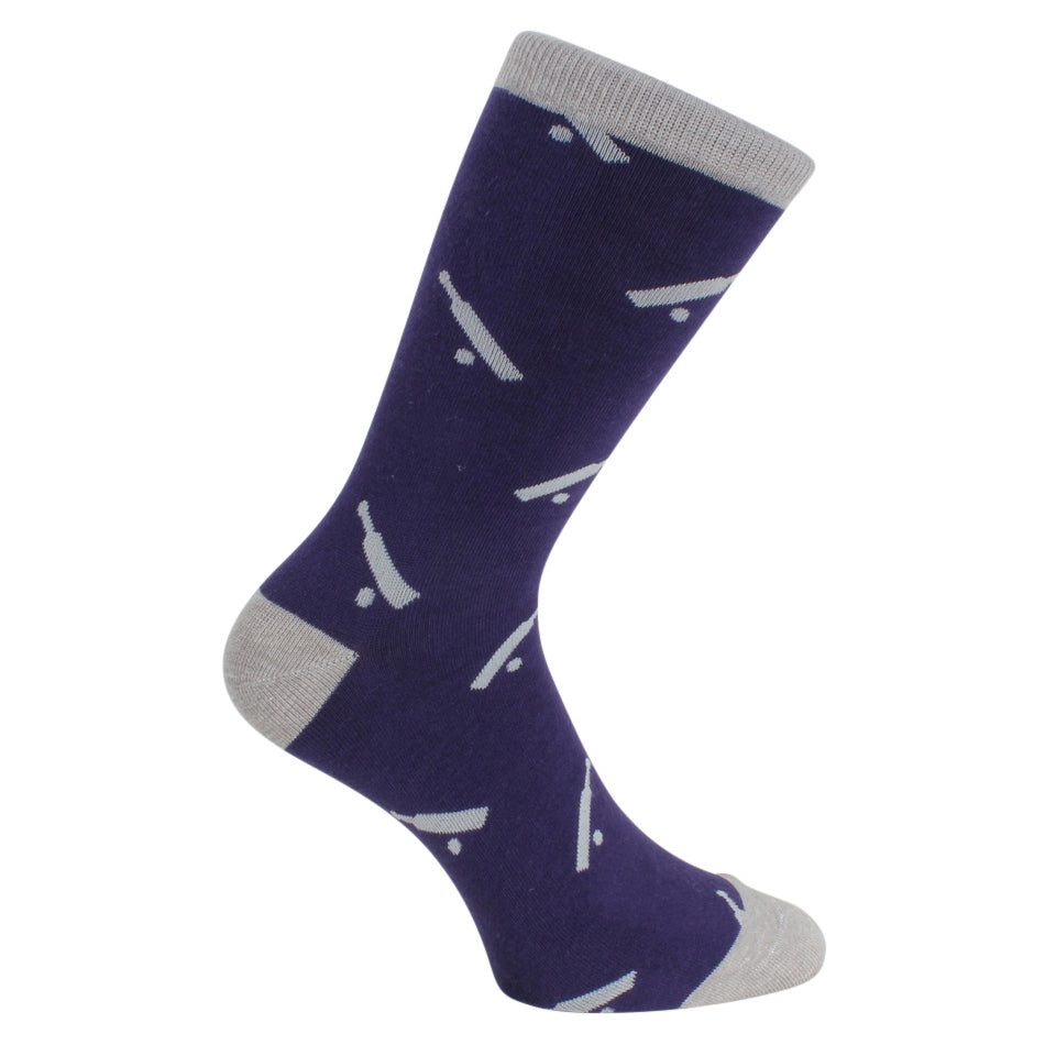 Cricket Bat Blue & Grey Combed Cotton Socks - Leonard Silver - side view