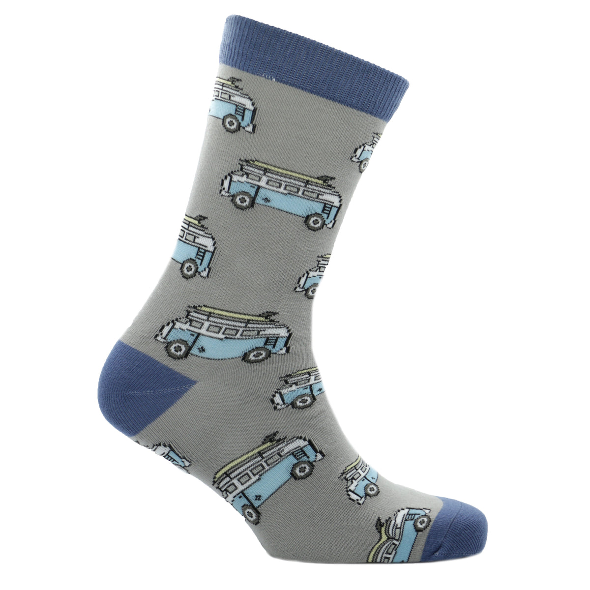 Campervan Socks in Blue and Grey Combed Cotton - Leonard Silver - side view