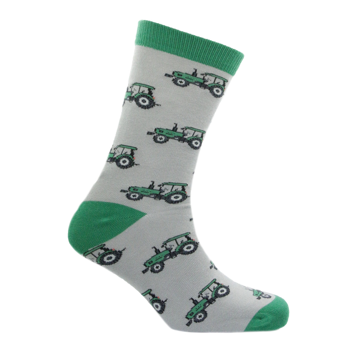 Grey And Green Tractor Socks - Leonard Silver - side view showing green tractor pattern and contrast cuff