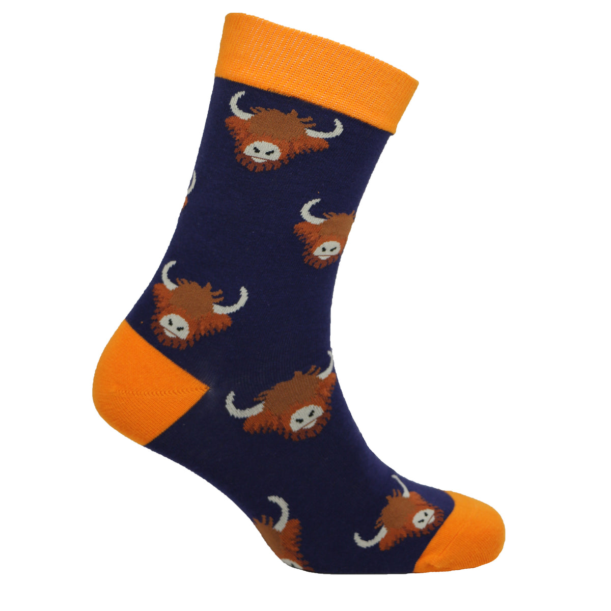 Highland Cow Socks in Blue and Orange - Leonard Silver - side view showing patterned leg and orange cuff