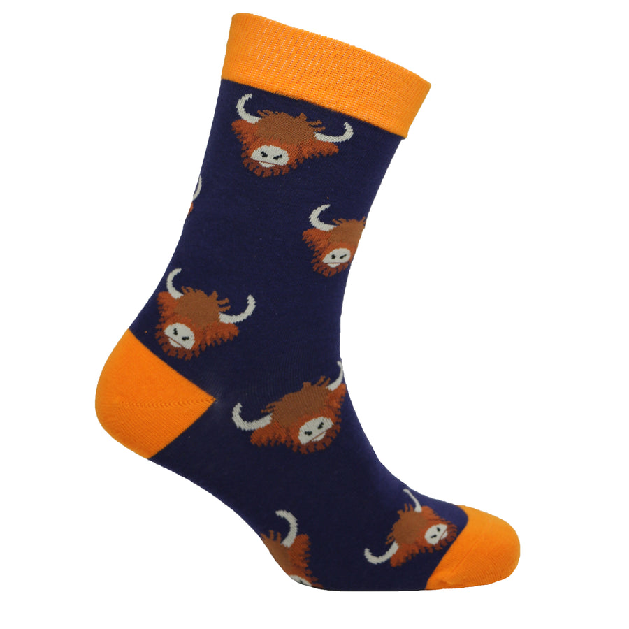 Highland Cow Socks in Blue and Orange - Leonard Silver - side view showing patterned leg and orange cuff