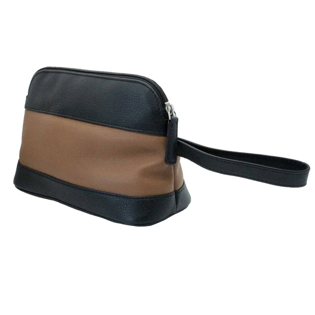 Black and Tan Leather Washbag - Leonard Silver - side view with wrist strap