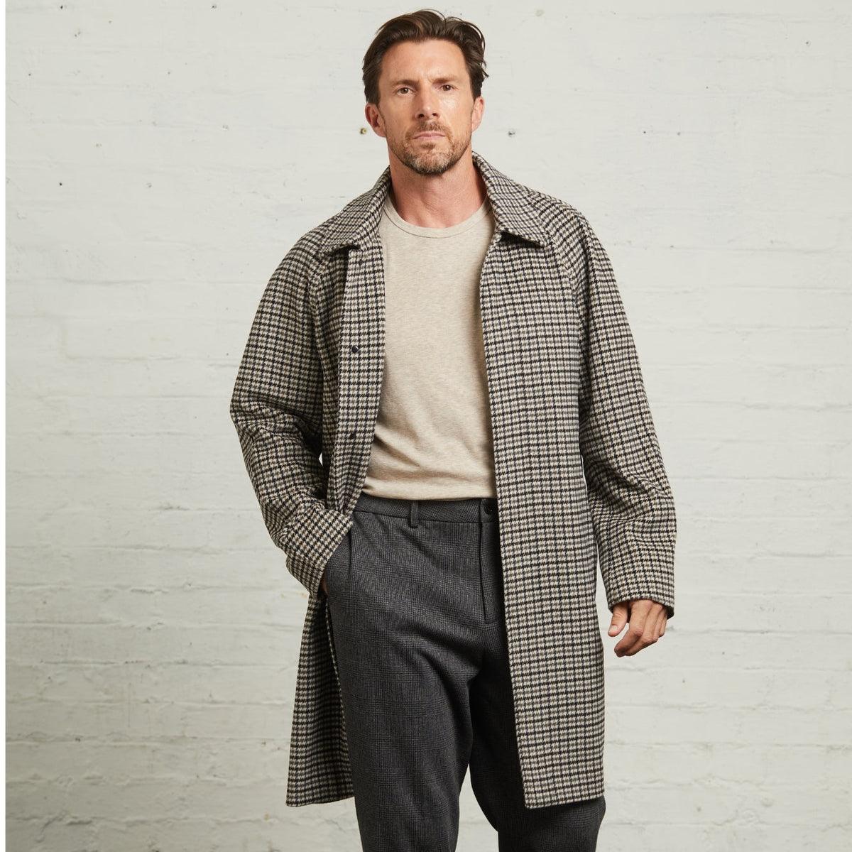 Guards London Walter Check Overcoat in Grey, worn open over a cream T-shirt, front view