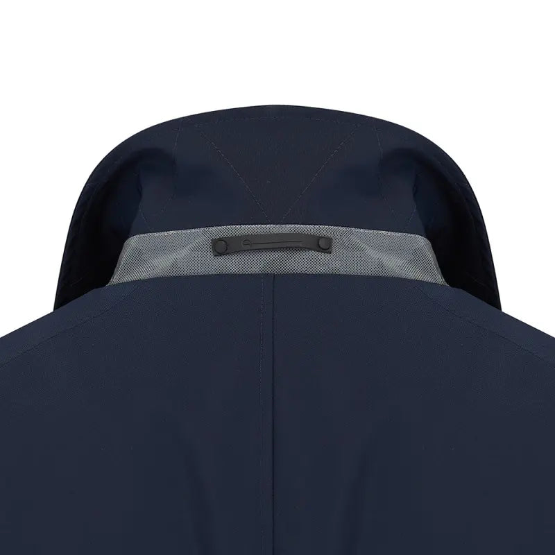 Close-up of the grey contrast undercollar and collar tab on the Navy Wentworth raincoat
