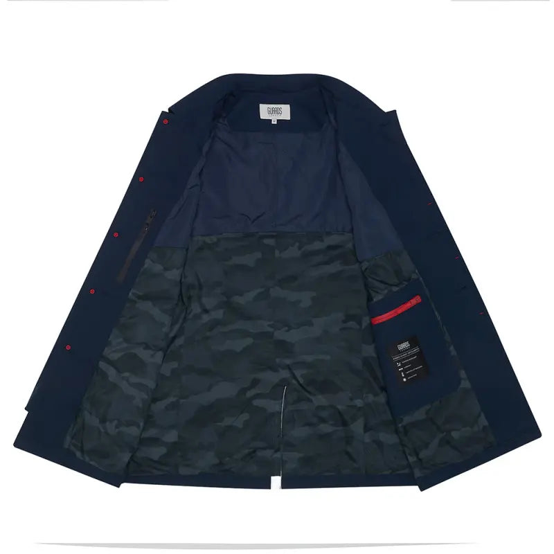 Navy Wentworth raincoat laid open to show the lining and camouflage print panel
