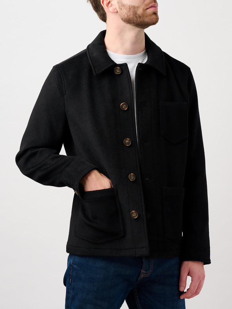 Westgate Wool Overshirt in Black worn open with a hand in the hip pocket