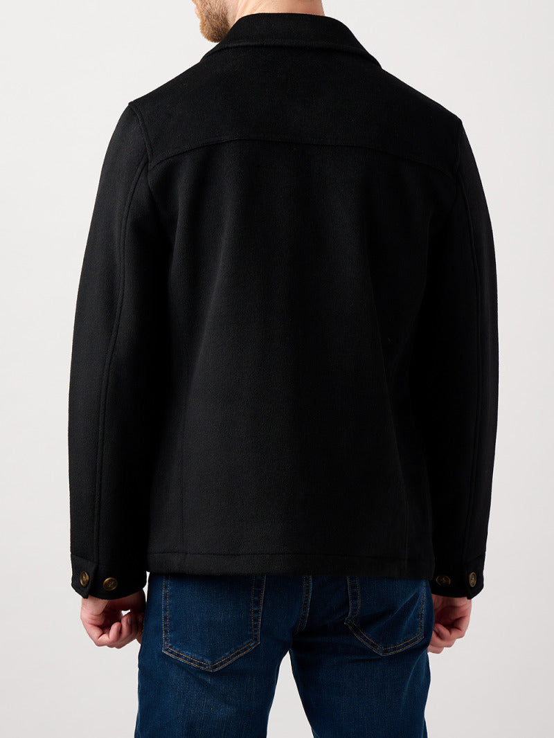 Back view of the Black Westgate overshirt worn on a model