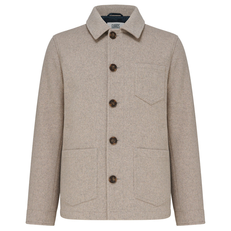 Westgate Wool Overshirt in Oatmeal, front flat lay with five buttons and patch pockets