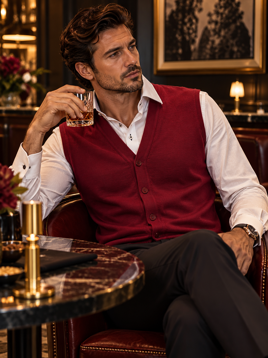 A man in a red button-up vest over a white dress shirt sits in a leather armchair in a dimly lit bar or lounge, holding a glass of whiskey.