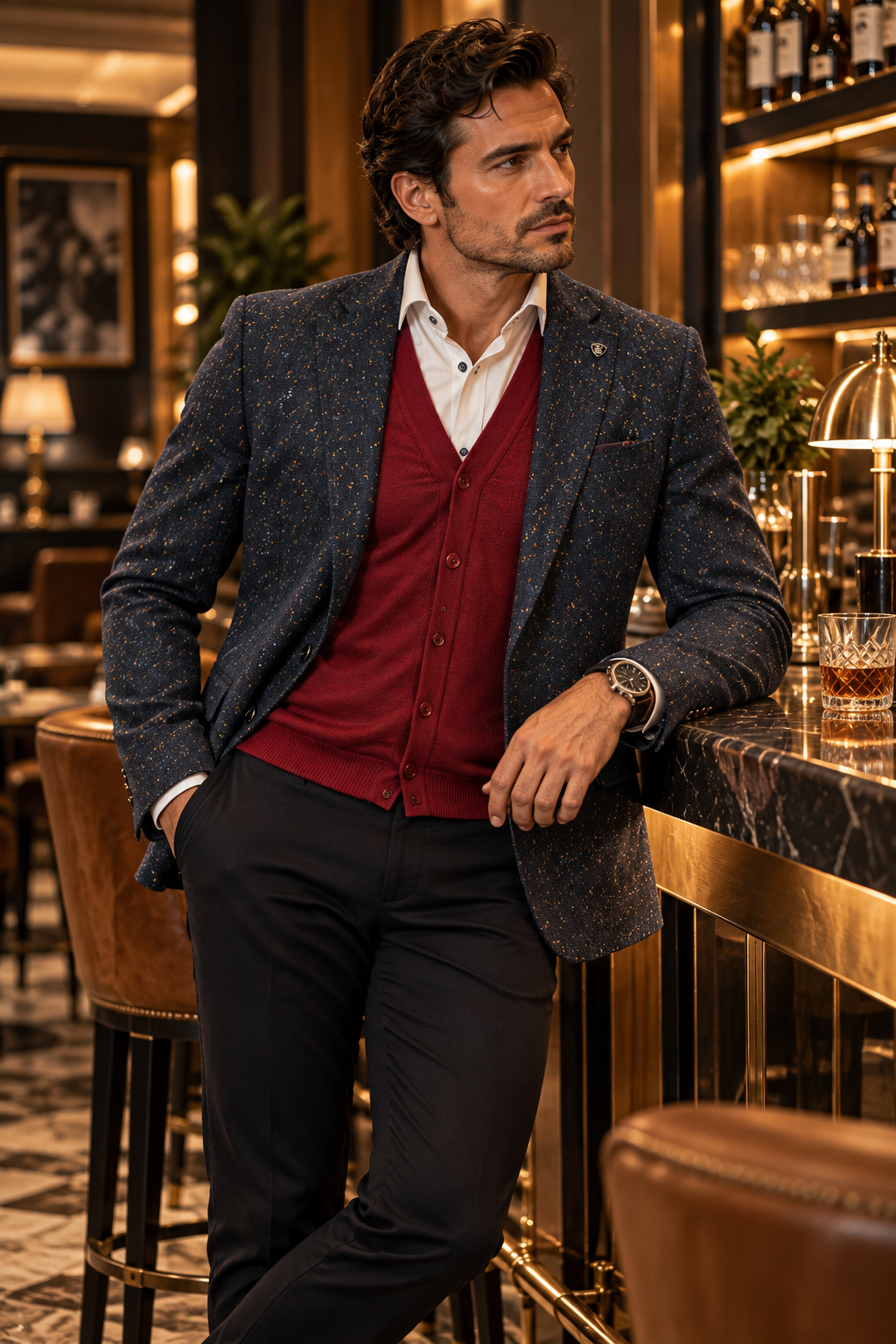 A man in a stylish outfit posing in a luxurious bar setting. He is wearing a textured navy blue blazer, a burgundy button-up vest, a white collared shirt, and dark trousers.