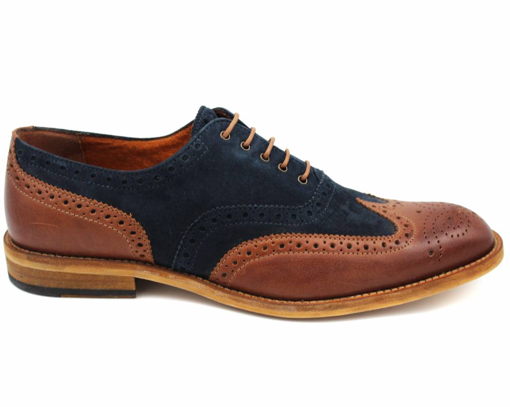 Lacuzzo brown leather and navy suede wingtip brogue, outer side profile