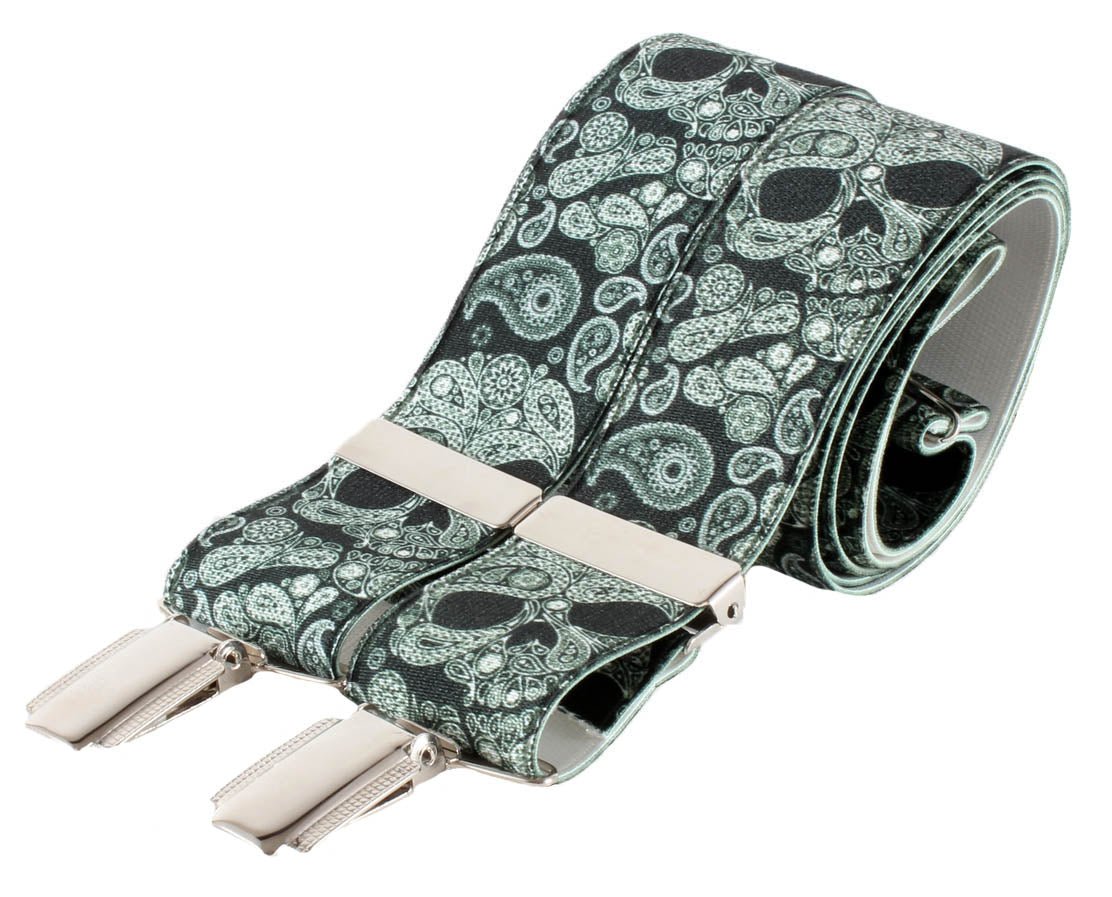 Black Paisley Skull Clip Braces - Leonard Silver Braces