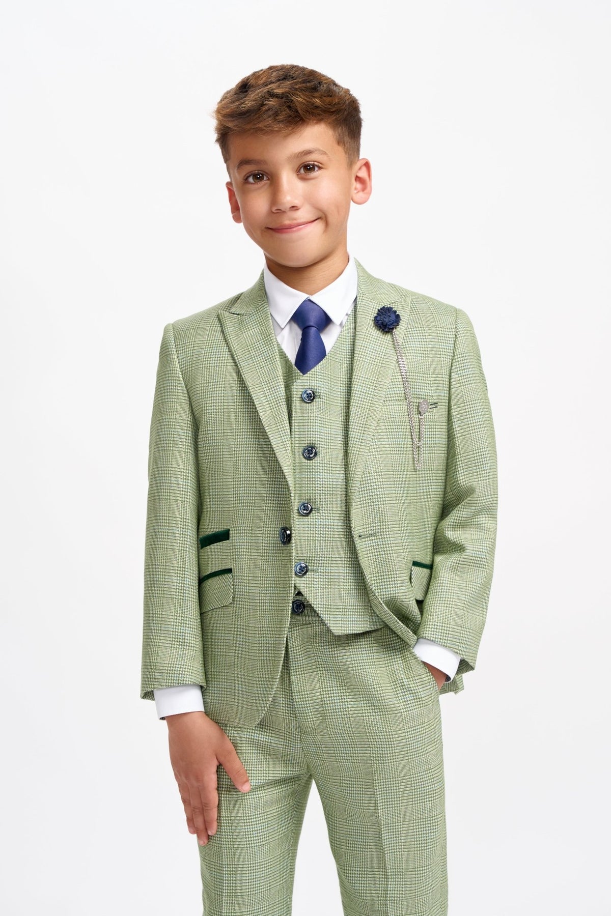 Boy's Sage Green Check Suit - Leonard Silver